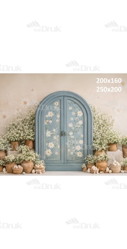 Tło fotograficzne „Błękitne drzwi wśród rumianków” | E825